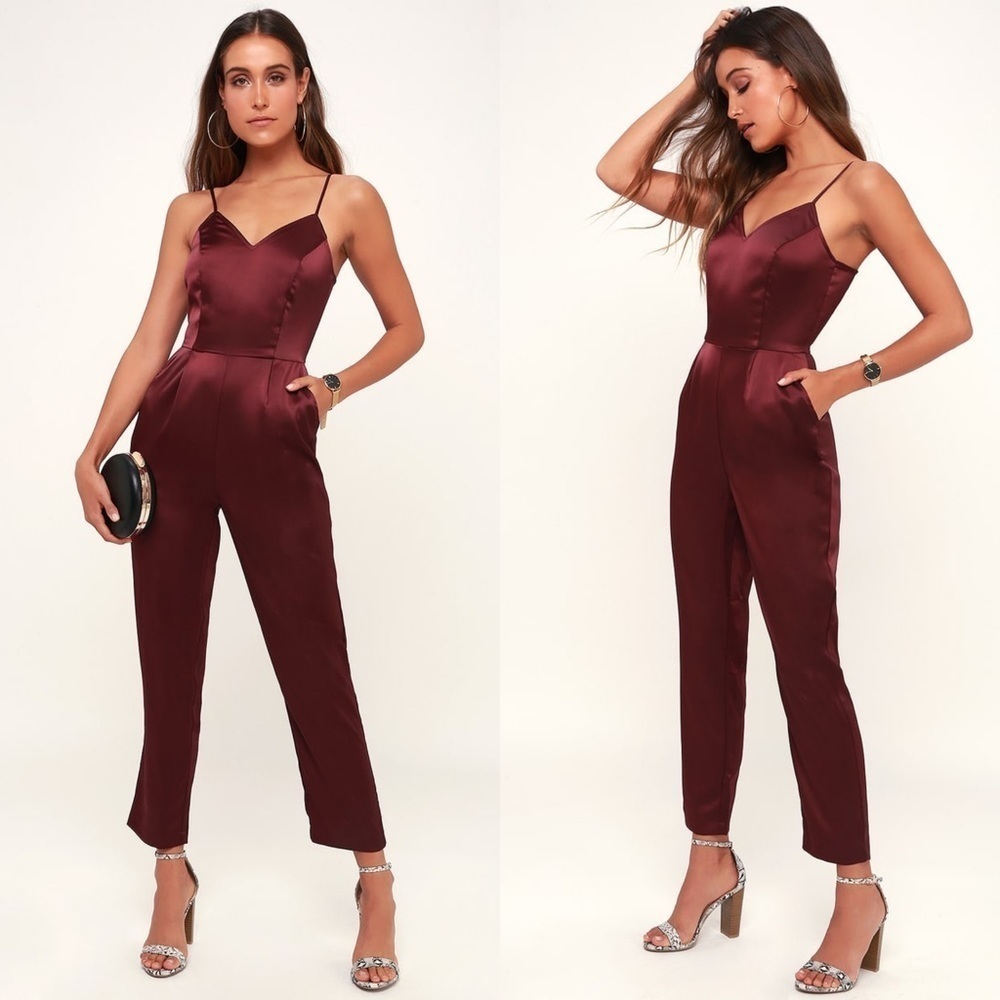LULUS | Touch of Heaven Burgundy Satin Sleeveless Jumpsuit